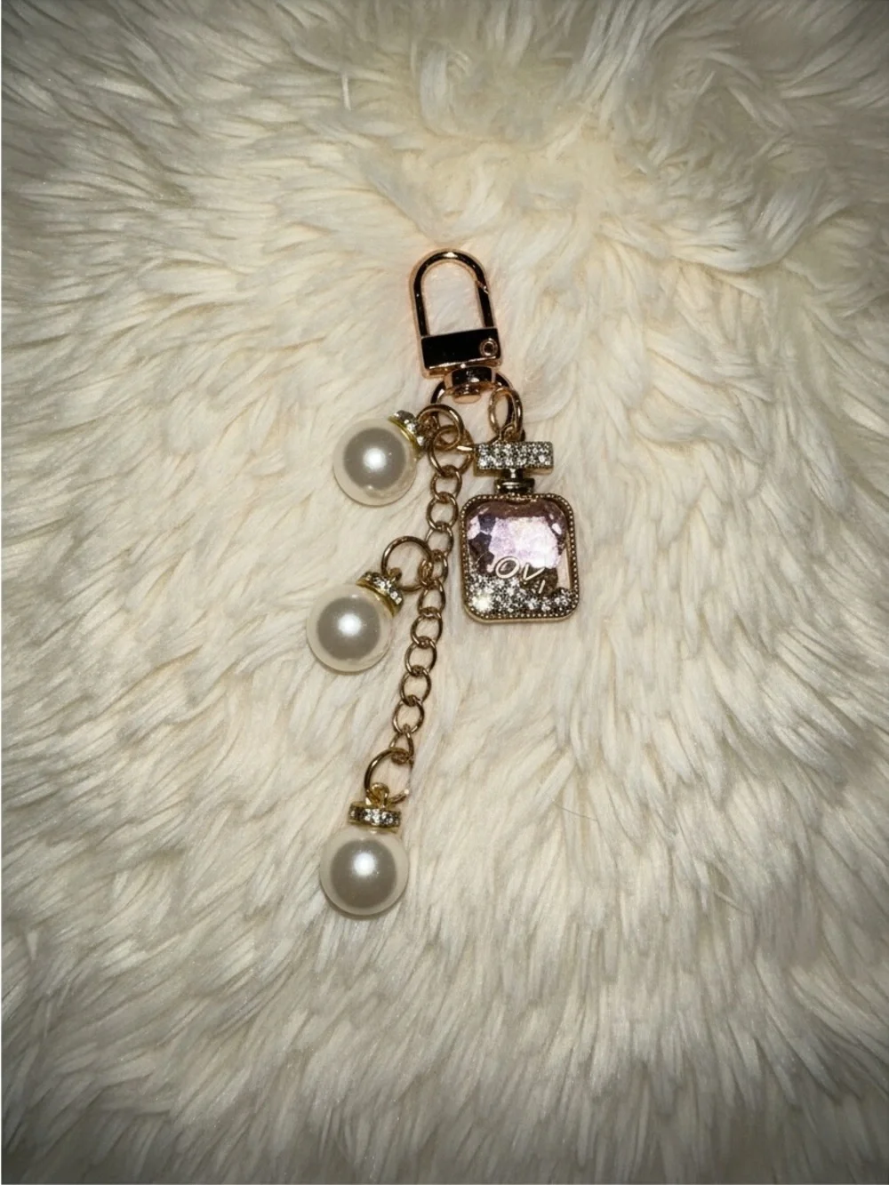 Gold Pearl Charm Purse Keychain with Pink Crystal Accent